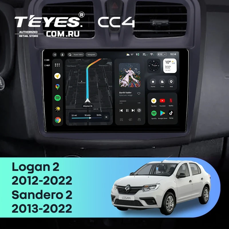 Штатная магнитола Teyes CC4 6/64 Renault Logan 2 (2012-2022) F1 (10")